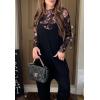 image:imageIWOLLENCE Womens Sexy Lace Long Sleeve Mock Neck Tops Trendy Floral See Through Blouse Western Sheer Mesh ShirtsFblack Chrysanthemum