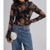 image:imageIWOLLENCE Womens Sexy Lace Long Sleeve Mock Neck Tops Trendy Floral See Through Blouse Western Sheer Mesh ShirtsFblack Dahlia