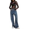 image:imageIWOLLENCE Womens Sexy Lace Long Sleeve Mock Neck Tops Trendy Floral See Through Blouse Western Sheer Mesh ShirtsFblack Dahlia