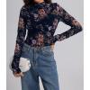 image:imageIWOLLENCE Womens Sexy Lace Long Sleeve Mock Neck Tops Trendy Floral See Through Blouse Western Sheer Mesh ShirtsFnavy Blue Dahlia