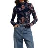 image:imageIWOLLENCE Womens Sexy Lace Long Sleeve Mock Neck Tops Trendy Floral See Through Blouse Western Sheer Mesh ShirtsFnavy Blue Dahlia