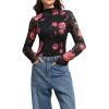 image:imageIWOLLENCE Womens Sexy Lace Long Sleeve Mock Neck Tops Trendy Floral See Through Blouse Western Sheer Mesh ShirtsHblack Pink Rose