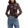 image:imageIWOLLENCE Womens Sexy Lace Long Sleeve Mock Neck Tops Trendy Floral See Through Blouse Western Sheer Mesh ShirtsIblack Dot Rose