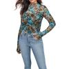 image:imageIWOLLENCE Womens Sexy Lace Long Sleeve Mock Neck Tops Trendy Floral See Through Blouse Western Sheer Mesh ShirtsLaceld Peacock Blue