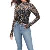 image:imageIWOLLENCE Womens Sexy Lace Long Sleeve Mock Neck Tops Trendy Floral See Through Blouse Western Sheer Mesh ShirtsLaceoil Painting
