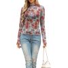 image:imageIWOLLENCE Womens Sexy Lace Long Sleeve Mock Neck Tops Trendy Floral See Through Blouse Western Sheer Mesh ShirtsMesh3d Red Plim