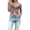 image:imageIWOLLENCE Womens Sexy Lace Long Sleeve Mock Neck Tops Trendy Floral See Through Blouse Western Sheer Mesh ShirtsMesh3d Red Plim