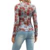 image:imageIWOLLENCE Womens Sexy Lace Long Sleeve Mock Neck Tops Trendy Floral See Through Blouse Western Sheer Mesh ShirtsMesh3d Red Plim