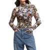 image:imageIWOLLENCE Womens Sexy Lace Long Sleeve Mock Neck Tops Trendy Floral See Through Blouse Western Sheer Mesh ShirtsMeshblack Colorful Flower