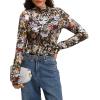 image:imageIWOLLENCE Womens Sexy Lace Long Sleeve Mock Neck Tops Trendy Floral See Through Blouse Western Sheer Mesh ShirtsMeshblack Colorful Flower