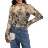 image:imageIWOLLENCE Womens Sexy Lace Long Sleeve Mock Neck Tops Trendy Floral See Through Blouse Western Sheer Mesh ShirtsMeshbrown Butterfly