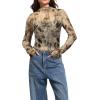 image:imageIWOLLENCE Womens Sexy Lace Long Sleeve Mock Neck Tops Trendy Floral See Through Blouse Western Sheer Mesh ShirtsMeshbrown Butterfly