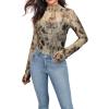 image:imageIWOLLENCE Womens Sexy Lace Long Sleeve Mock Neck Tops Trendy Floral See Through Blouse Western Sheer Mesh ShirtsMeshbrown Butterfly