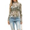 image:imageIWOLLENCE Womens Sexy Lace Long Sleeve Mock Neck Tops Trendy Floral See Through Blouse Western Sheer Mesh ShirtsMeshcamo Leaf