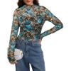 image:imageIWOLLENCE Womens Sexy Lace Long Sleeve Mock Neck Tops Trendy Floral See Through Blouse Western Sheer Mesh ShirtsLaceld Peacock Blue