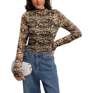 image:imageIWOLLENCE Womens Sexy Lace Long Sleeve Mock Neck Tops Trendy Floral See Through Blouse Western Sheer Mesh ShirtsBrown