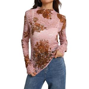 image:imageIWOLLENCE Womens Sexy Lace Long Sleeve Mock Neck Tops Trendy Floral See Through Blouse Western Sheer Mesh ShirtsEpink Brown Camellia