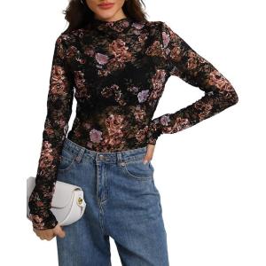 image:imageIWOLLENCE Womens Sexy Lace Long Sleeve Mock Neck Tops Trendy Floral See Through Blouse Western Sheer Mesh ShirtsFblack Chrysanthemum