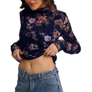 image:imageIWOLLENCE Womens Sexy Lace Long Sleeve Mock Neck Tops Trendy Floral See Through Blouse Western Sheer Mesh ShirtsFnavy Blue Dahlia