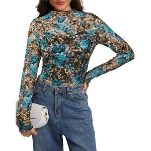 image:imageIWOLLENCE Womens Sexy Lace Long Sleeve Mock Neck Tops Trendy Floral See Through Blouse Western Sheer Mesh ShirtsLaceld Peacock Blue