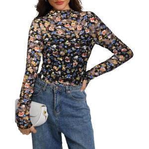 image:imageIWOLLENCE Womens Sexy Lace Long Sleeve Mock Neck Tops Trendy Floral See Through Blouse Western Sheer Mesh ShirtsLaceoil Painting