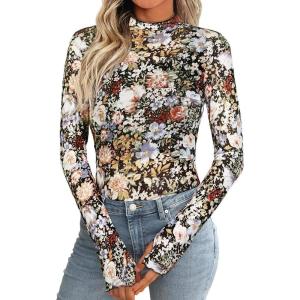 image:imageIWOLLENCE Womens Sexy Lace Long Sleeve Mock Neck Tops Trendy Floral See Through Blouse Western Sheer Mesh ShirtsMeshblack Colorful Flower