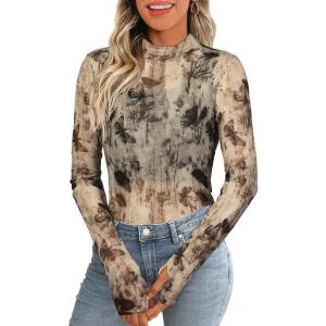 image:imageIWOLLENCE Womens Sexy Lace Long Sleeve Mock Neck Tops Trendy Floral See Through Blouse Western Sheer Mesh ShirtsMeshbrown Butterfly