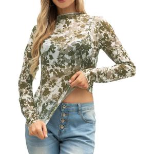 image:imageIWOLLENCE Womens Sexy Lace Long Sleeve Mock Neck Tops Trendy Floral See Through Blouse Western Sheer Mesh ShirtsMeshcamo Leaf