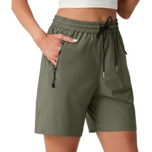 image:imageIWOLLENCE Womens 7 Hiking Shorts Stretch Lightweight Quick Dry Athletic Comfy Summer Long Shorts with 2 Zipper PocketsCarmy Green