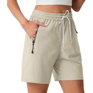 image:imageIWOLLENCE Womens 7 Hiking Shorts Stretch Lightweight Quick Dry Athletic Comfy Summer Long Shorts with 2 Zipper PocketsCkhaki
