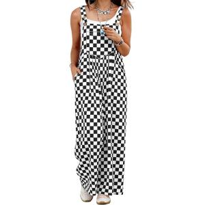 image:imageIWOLLENCE Womens Loose Checkered Overalls Wide Straight Leg Jumpers and Rompers Y2K Sleeveless Jumpsuits with PocketsCkblack White