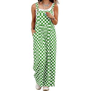 image:imageIWOLLENCE Womens Loose Checkered Overalls Wide Straight Leg Jumpers and Rompers Y2K Sleeveless Jumpsuits with PocketsCkgreen White