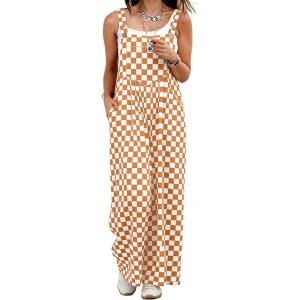image:imageIWOLLENCE Womens Loose Checkered Overalls Wide Straight Leg Jumpers and Rompers Y2K Sleeveless Jumpsuits with PocketsCkorange White