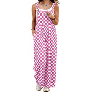 image:imageIWOLLENCE Womens Loose Checkered Overalls Wide Straight Leg Jumpers and Rompers Y2K Sleeveless Jumpsuits with PocketsCkpink White