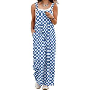 image:imageIWOLLENCE Womens Loose Checkered Overalls Wide Straight Leg Jumpers and Rompers Y2K Sleeveless Jumpsuits with PocketsCkroyal Blue White