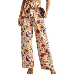 image:imageIWOLLENCE Womens Wide Leg Pants with Pockets High Waist Adjustable Knot Loose Casual Trousers Business Work Casual Pants49 Ac Orange Blue Bird