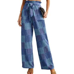 image:imageIWOLLENCE Womens Wide Leg Pants with Pockets High Waist Adjustable Knot Loose Casual Trousers Business Work Casual Pants51 Blue Purple Patch