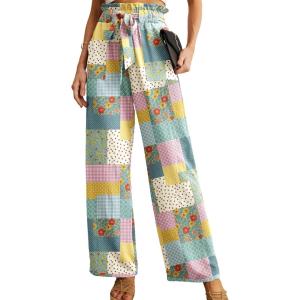 image:imageIWOLLENCE Womens Wide Leg Pants with Pockets High Waist Adjustable Knot Loose Casual Trousers Business Work Casual Pants52 Colorful Patchwork