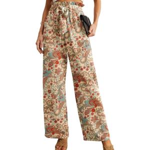 image:imageIWOLLENCE Womens Wide Leg Pants with Pockets High Waist Adjustable Knot Loose Casual Trousers Business Work Casual Pants53 Pezzli Retro Flower