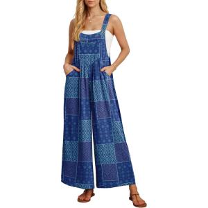 image:imageIWOLLENCE Womens Summer Jumpsuits Boho Wide Leg Overalls Casual Loose Rompers with Pockets 202548 Blue Purple Patch