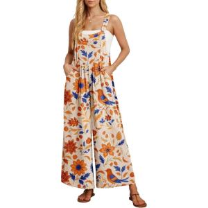image:imageIWOLLENCE Womens Summer Jumpsuits Boho Wide Leg Overalls Casual Loose Rompers with Pockets 202551 Ac Orange Blue Bird