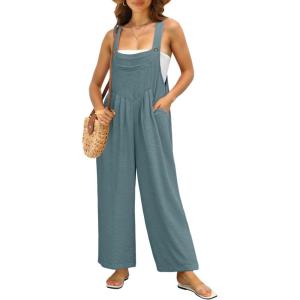 image:imageIWOLLENCE Womens Summer Jumpsuits Boho Wide Leg Overalls Casual Loose Rompers with Pockets 202603 Blue Green