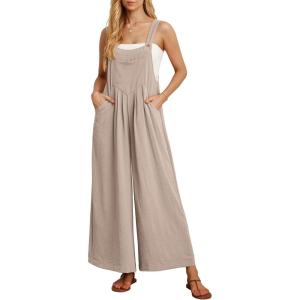 image:imageIWOLLENCE Womens Summer Jumpsuits Boho Wide Leg Overalls Casual Loose Rompers with Pockets 202603 Light Khaki