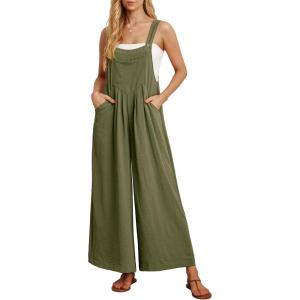 image:imageIWOLLENCE Womens Summer Jumpsuits Boho Wide Leg Overalls Casual Loose Rompers with Pockets 202610 Grass Green
