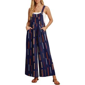 image:imageIWOLLENCE Womens Summer Jumpsuits Boho Wide Leg Overalls Casual Loose Rompers with Pockets 202621 Navy Blue Stripe