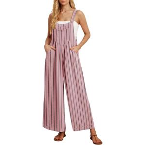 image:imageIWOLLENCE Womens Summer Jumpsuits Boho Wide Leg Overalls Casual Loose Rompers with Pockets 202625 Gray Pink Stripe