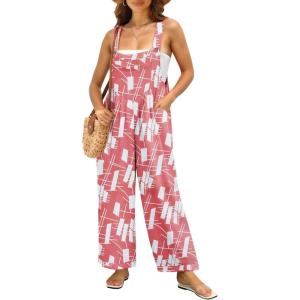 image:imageIWOLLENCE Womens Summer Jumpsuits Boho Wide Leg Overalls Casual Loose Rompers with Pockets 202631 Fp Pink White Square