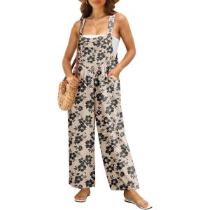 image:imageIWOLLENCE Womens Summer Jumpsuits Boho Wide Leg Overalls Casual Loose Rompers with Pockets 202633 Fp Khaki Black Flower