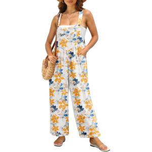 image:imageIWOLLENCE Womens Summer Jumpsuits Boho Wide Leg Overalls Casual Loose Rompers with Pockets 202636 Fp White Ink Daffodil