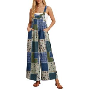 image:imageIWOLLENCE Womens Summer Jumpsuits Boho Wide Leg Overalls Casual Loose Rompers with Pockets 202647 Blue Green Patchwork